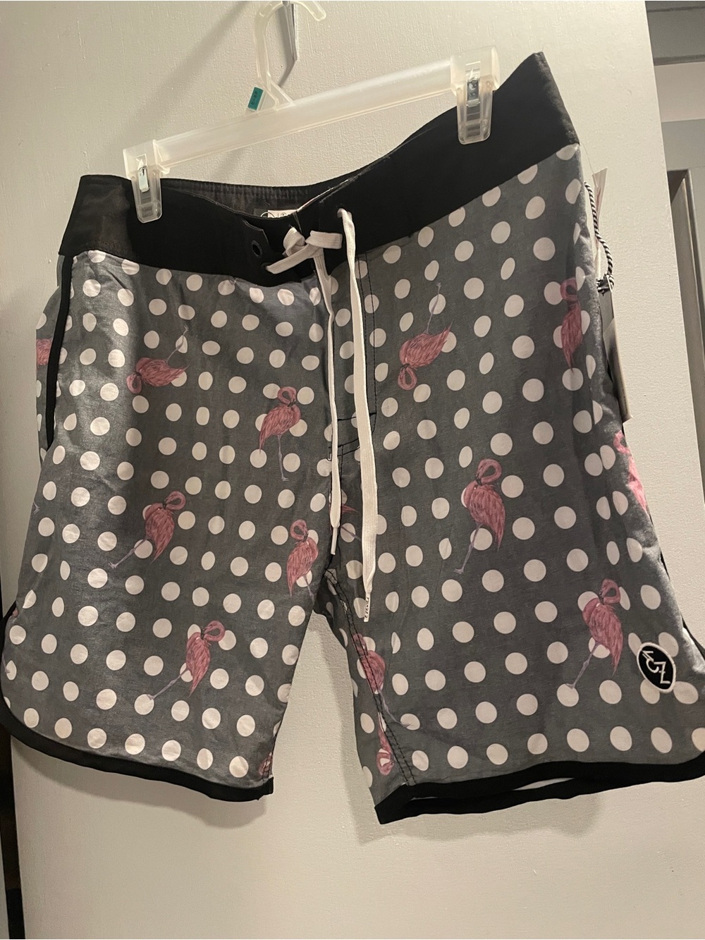 Ezekiel Gray Polka Dot Shorts with Pink Flamingo Motif NWT size 33